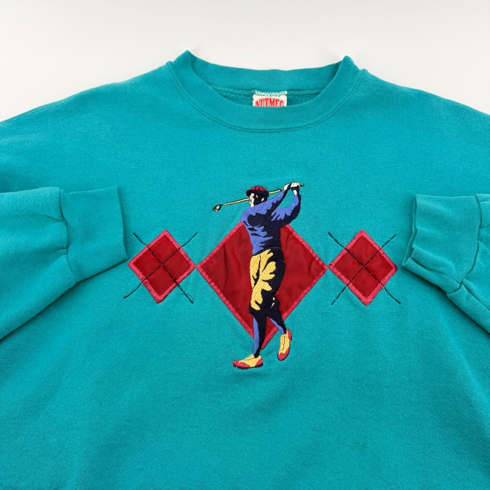 Nutmeg Mills Vintage Golf Embroidered Sweatshirt XL Teal Green Made in USA 90s
